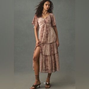 Anthropologie Short-Sleeve Women’s Large Tiered Midi Dress Smocked Back